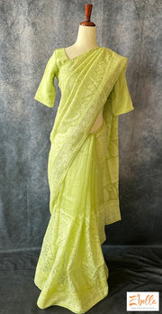 Light Green Chikankari Organza Saree With Stitched Blouse Saree