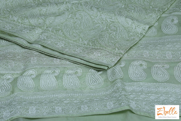 Light Green Chikankari Organza Saree With Stitched Blouse Saree