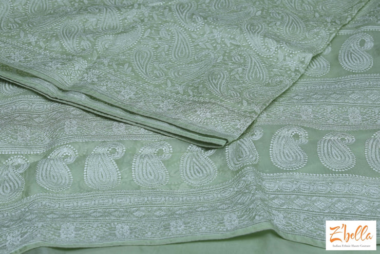 Light Green Chikankari Organza Saree With Stitched Blouse Saree