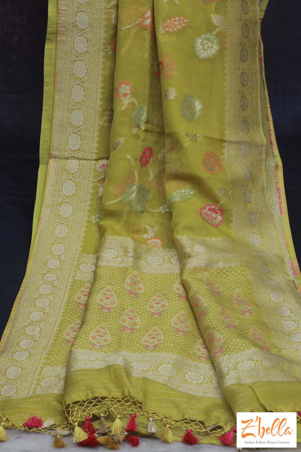 Light Green Color Semi Georgette Saree With Stitched Blouse Saree