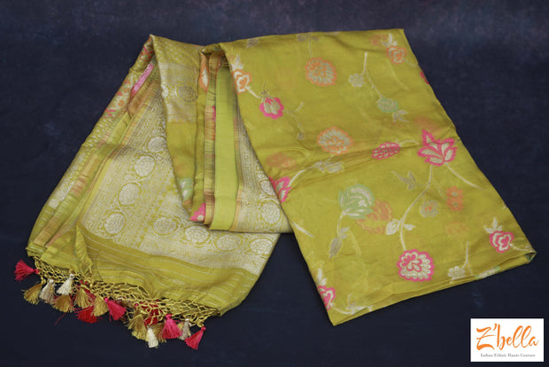 Light Green Color Semi Georgette Saree With Stitched Blouse Saree