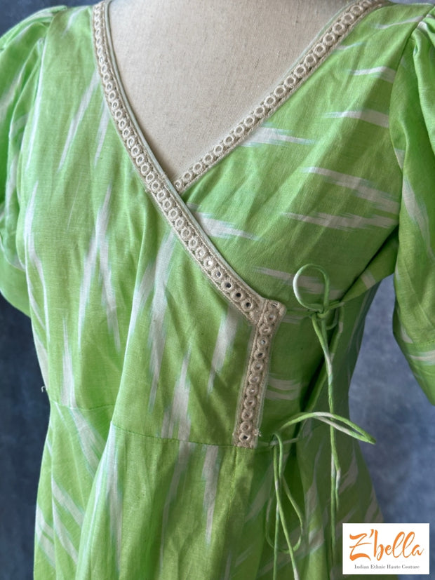 Light Green Ikkat Cotton Wrap Around Frock Kurti
