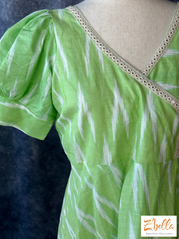 Light Green Ikkat Cotton Wrap Around Frock Kurti