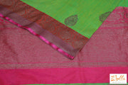 Light Green Matka Silk With Pink Banarsi Border Saree Stitched Blouse Saree