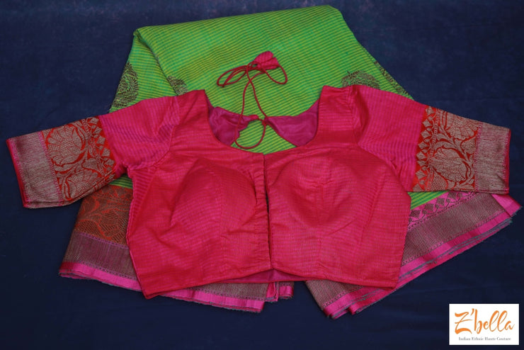 Light Green Matka Silk With Pink Banarsi Border Saree Stitched Blouse Saree