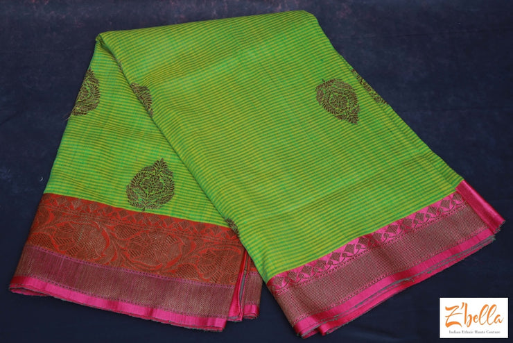 Light Green Matka Silk With Pink Banarsi Border Saree Stitched Blouse Saree