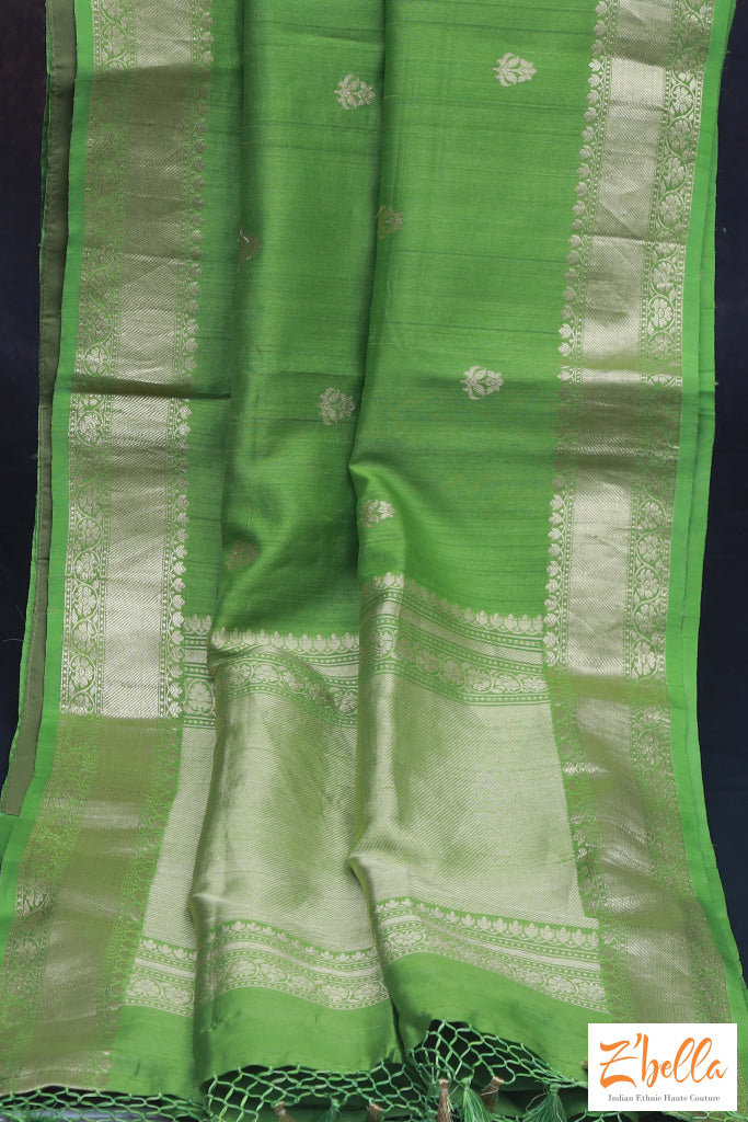 Light Green Tussar Banarsi Saree With Stitched Blouse Saree