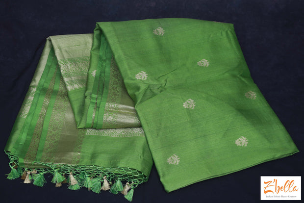 Light Green Tussar Banarsi Saree With Stitched Blouse Saree