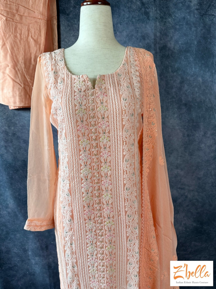 Light Peach Chikankari Kurti With Sequins Work Dupatta And Pants Kurti