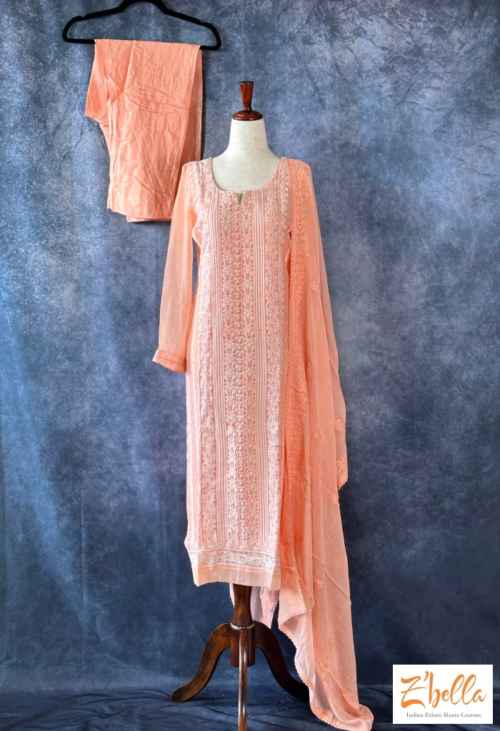 Light Peach Chikankari Kurti With Sequins Work Dupatta And Pants Kurti