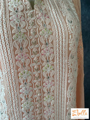 Light Peach Chikankari Kurti With Sequins Work Dupatta And Pants Kurti