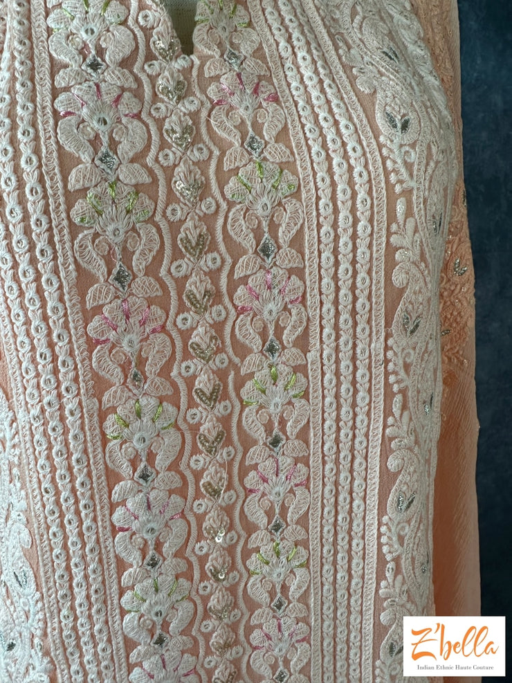 Light Peach Chikankari Kurti With Sequins Work Dupatta And Pants Kurti