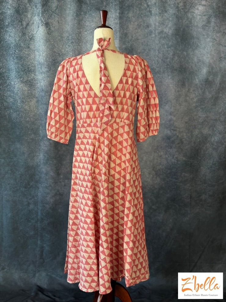 Light Pink Block Printed Cotton Frock Kurti