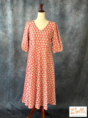 Light Pink Block Printed Cotton Frock Kurti