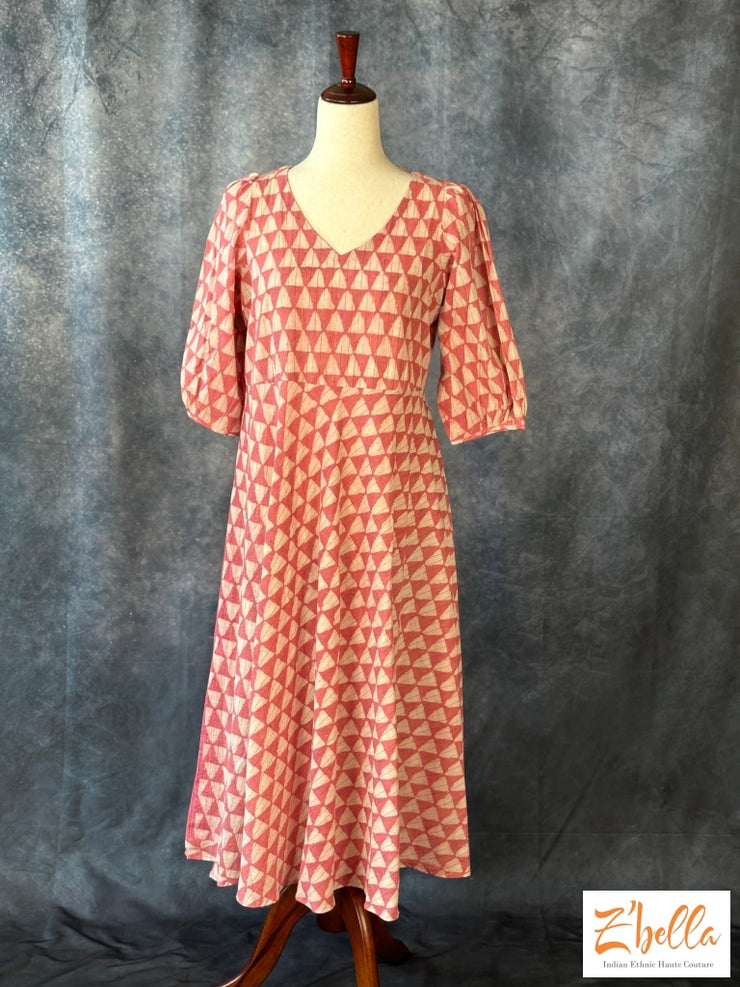 Light Pink Block Printed Cotton Frock Kurti