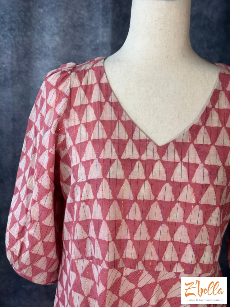 Light Pink Block Printed Cotton Frock Kurti