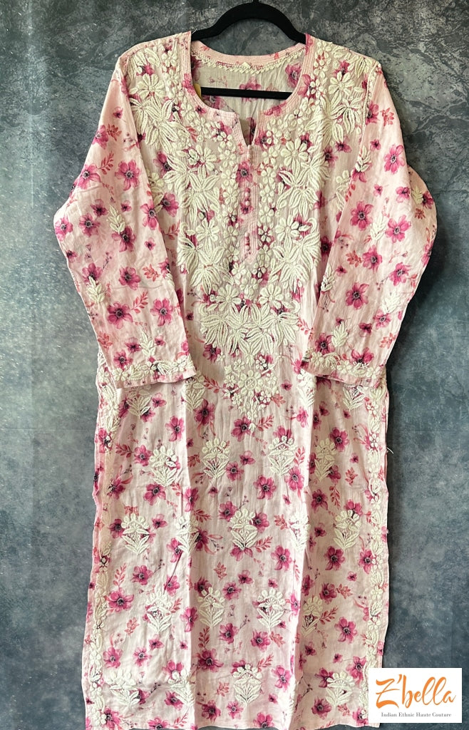 Light Pink Color Floral Mulmul Cotton Chikankari Kurti - Size 42 Kurti
