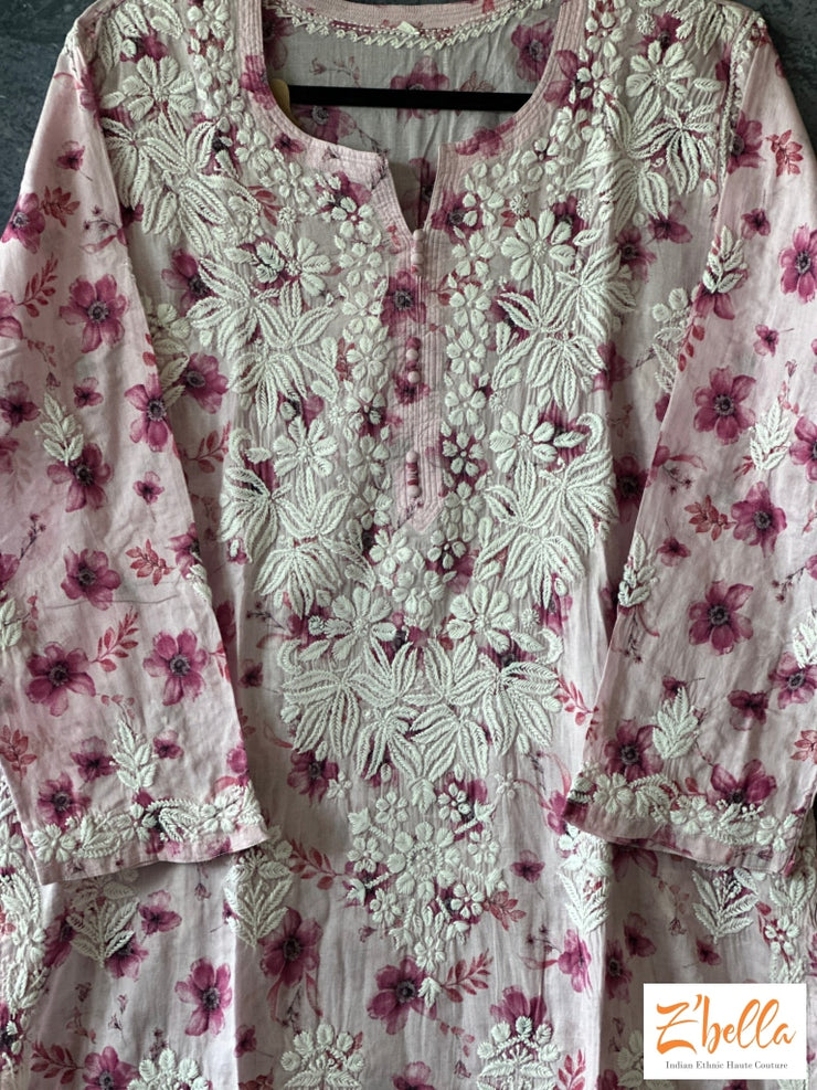 Light Pink Color Floral Mulmul Cotton Chikankari Kurti - Size 42 Kurti