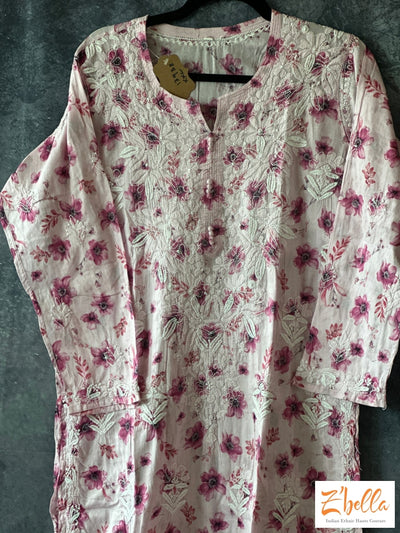 Light Pink Color Floral Mulmul Cotton Chikankari Kurti - Size 44 Kurti