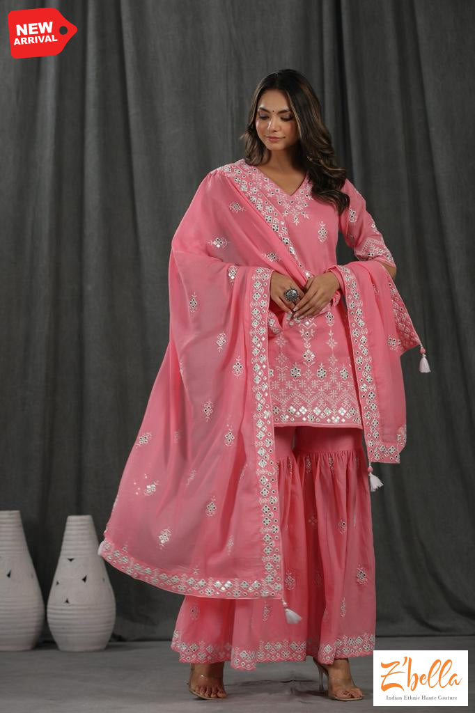 Light Pink Cotton Gharah And Top With Mirror Work Comes Dupatta Kurti Set