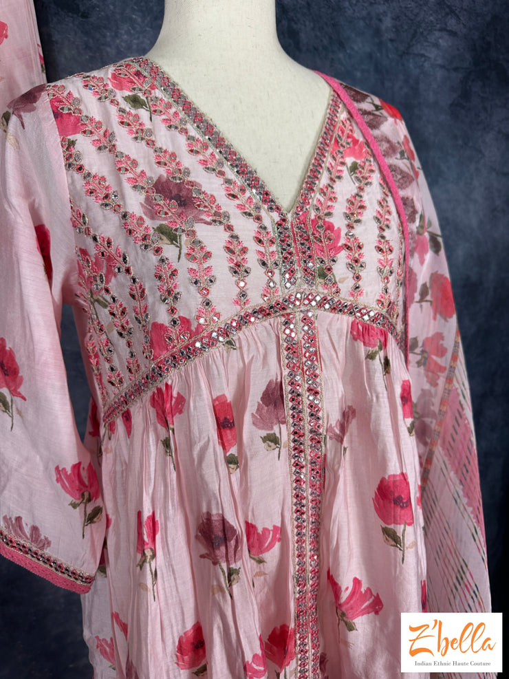 Light Pink Floral Printed Chanderi Silk Aliya Cut Kurti With Bottom And Dupatta Kurti Set