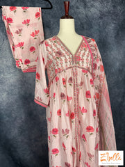 Light Pink Floral Printed Chanderi Silk Aliya Cut Kurti With Bottom And Dupatta Kurti Set