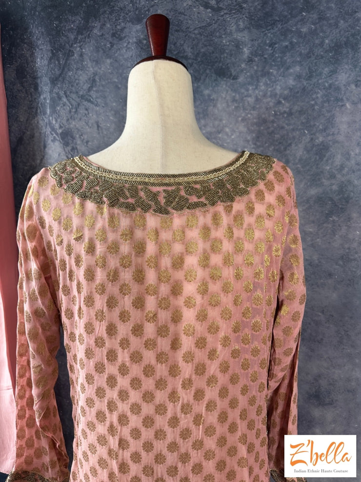 Light Pink Georgette Silk Top With Mirror Work Comes Wirh Palazzo And Dupatta Kurti