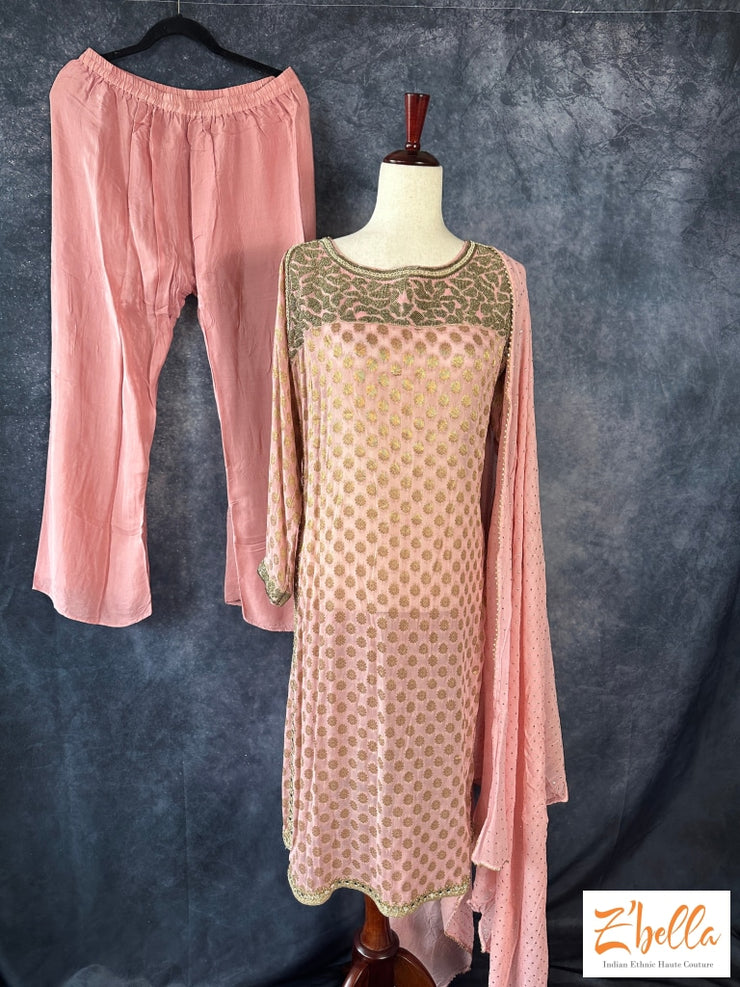 Light Pink Georgette Silk Top With Mirror Work Comes Wirh Palazzo And Dupatta Kurti