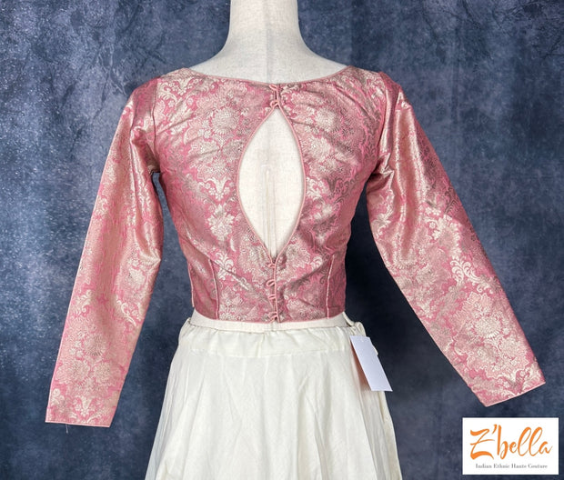 Light Pink Silver Brocade Crop Top With Full Sleeves Blouse