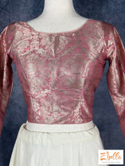 Light Pink Silver Brocade Crop Top With Full Sleeves Blouse