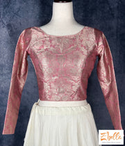 Light Pink Silver Brocade Crop Top With Full Sleeves Blouse