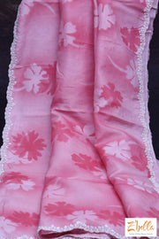 Light Pink Tussar Silk Saree With Digital Print And Bead Work Stiched Blouse Saree
