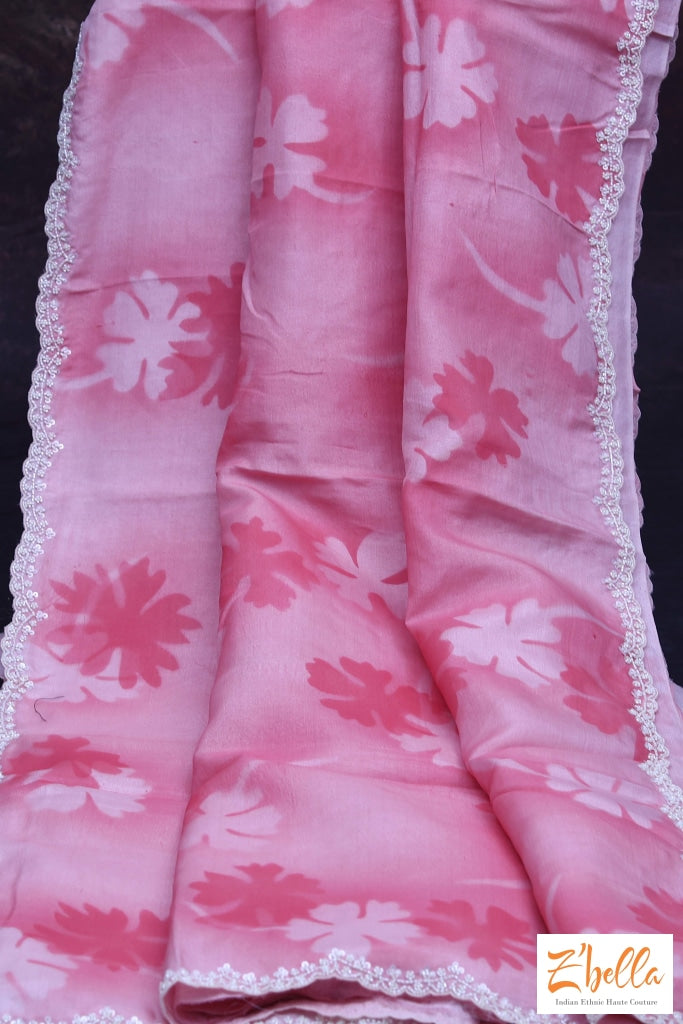 Light Pink Tussar Silk Saree With Digital Print And Bead Work Stiched Blouse Saree