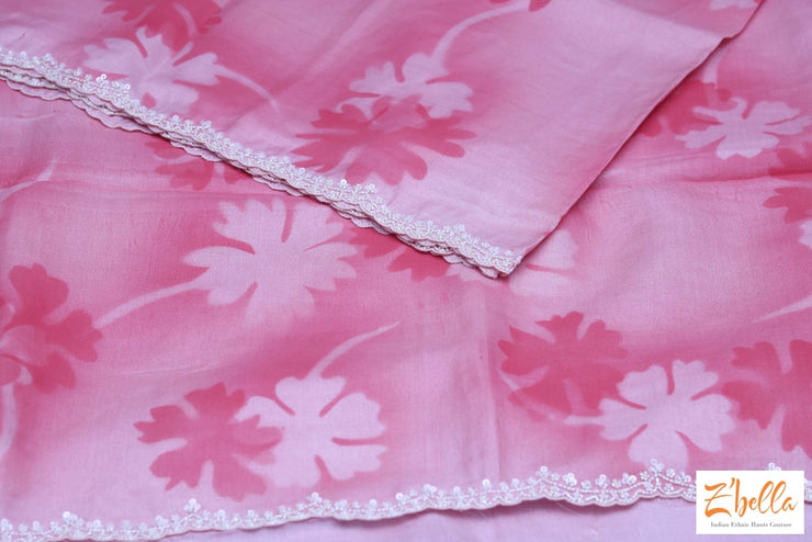Light Pink Tussar Silk Saree With Digital Print And Bead Work Stiched Blouse Saree