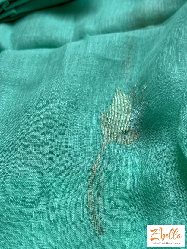 Light Pista Green Color Linen Saree With Gold And Silver Tulip Weave Stitched Saree