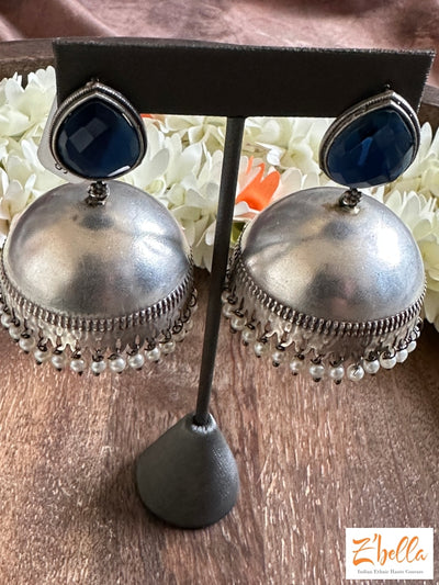 Light Weight Jhumka With Blue Stone Stud Earrings Silver Tone