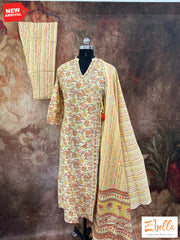 Light Yellow Cotton Printed Kurthi With Bottom And Dupatta Kurti Set