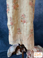 Light Yellow Floral Printed Kurti With Dupatta And Pants Kurti