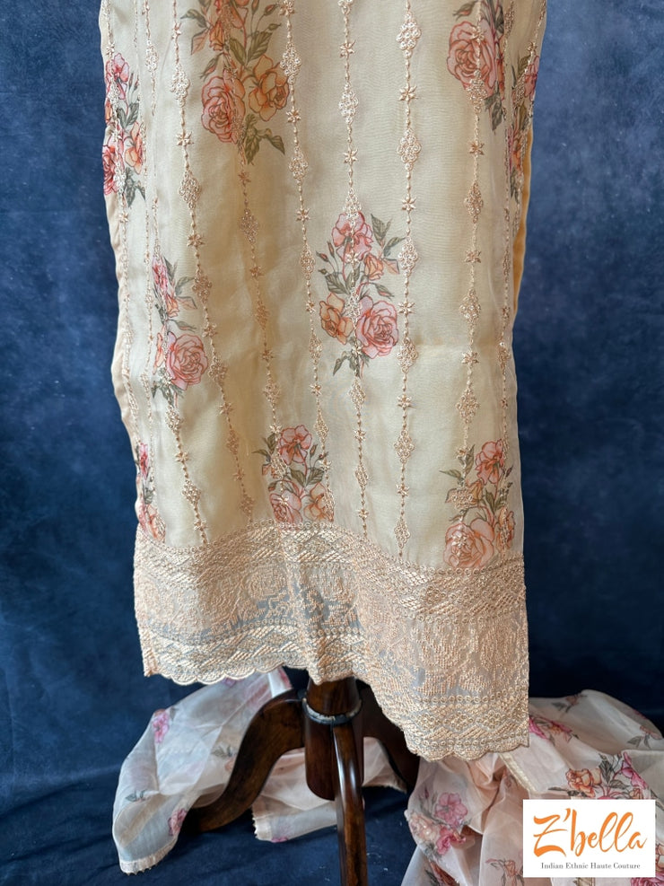 Light Yellow Floral Printed Kurti With Dupatta And Pants Kurti
