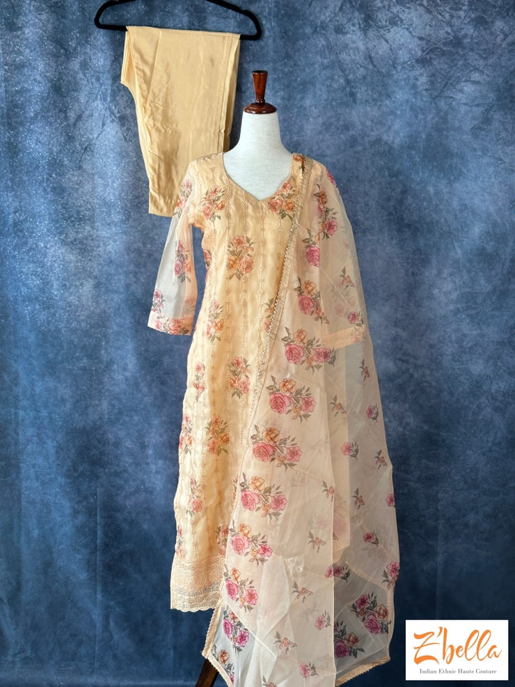 Light Yellow Floral Printed Kurti With Dupatta And Pants Kurti