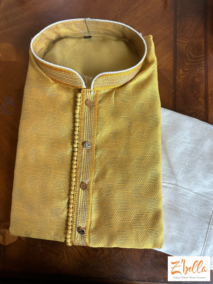 Light Yellow Self Weaving Kurta With Pants Kurta Set