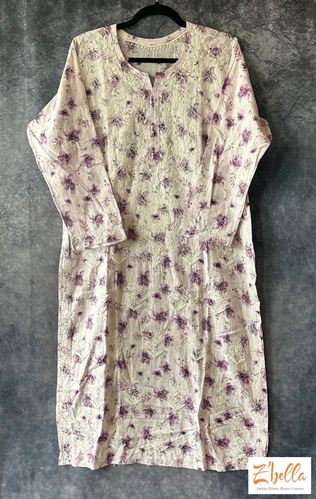 Lilac Color Floral Mulmul Cotton Chikankari Kurti - Size 42 Kurti