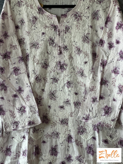 Lilac Color Floral Mulmul Cotton Chikankari Kurti - Size 42 Kurti