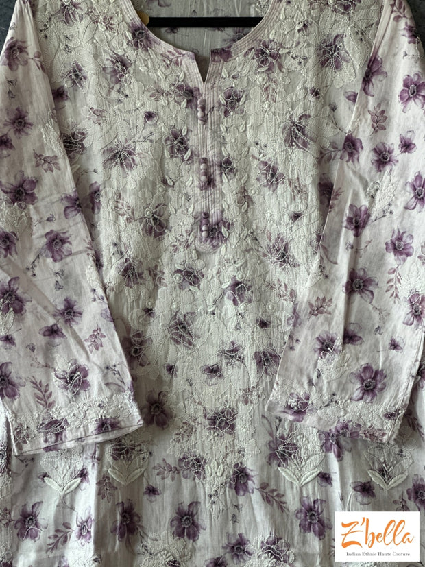 Lilac Color Floral Mulmul Cotton Chikankari Kurti - Size 42 Kurti
