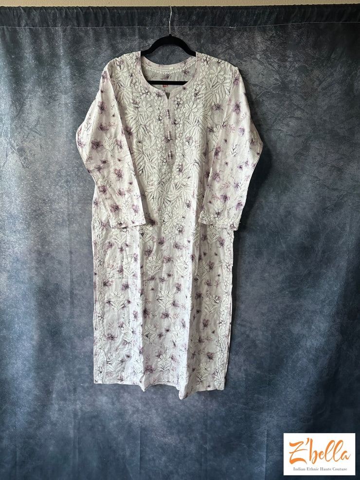 Lilac Color Floral Mulmul Cotton Chikankari Kurti - Size 44 Kurti