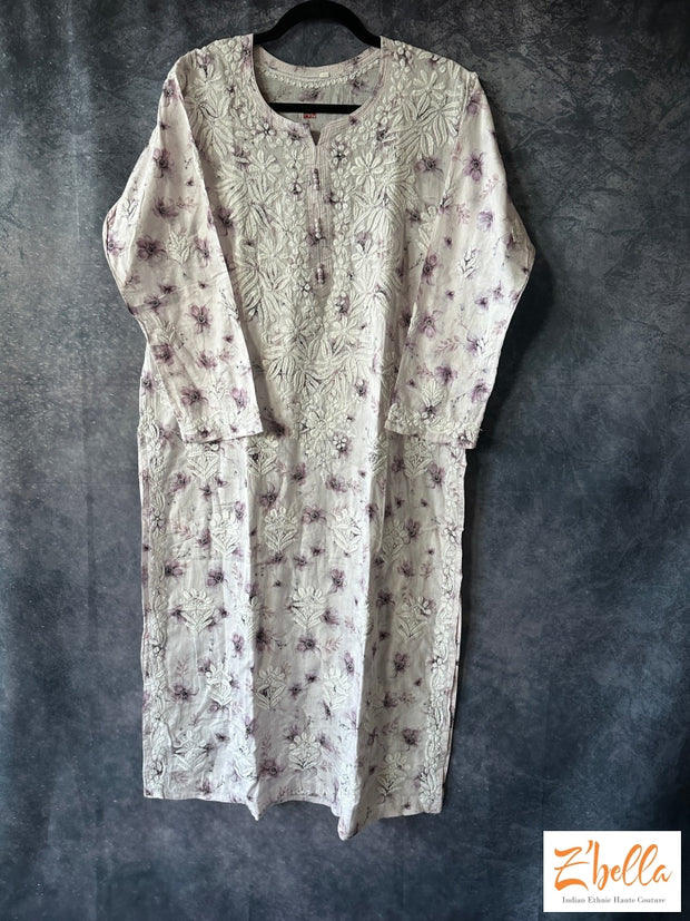 Lilac Color Floral Mulmul Cotton Chikankari Kurti - Size 44 Kurti