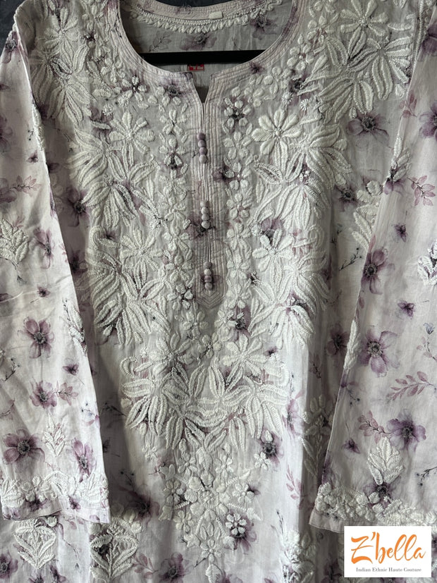 Lilac Color Floral Mulmul Cotton Chikankari Kurti - Size 44 Kurti