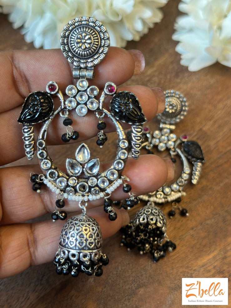Long Jhumk With Black Beads Earrings Silver Tone