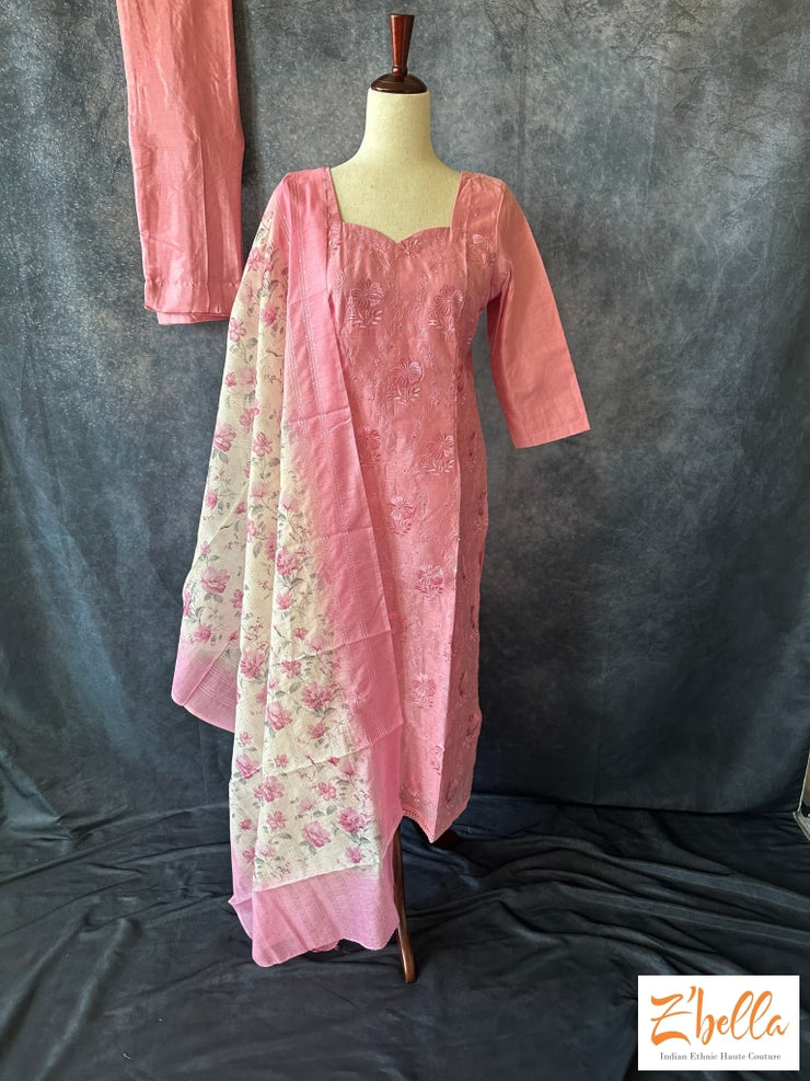 Lotus Pink Chanderi Silk Kurti With Bottom And Dupatta Kurti