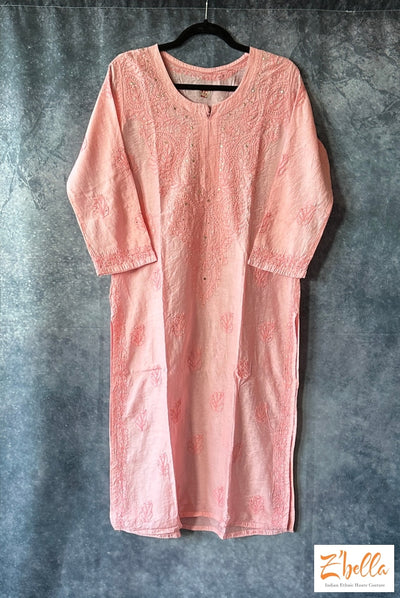 Lotus Pink Silk Chikankari Kurti With Mukesh Work - Size 38 Kurti